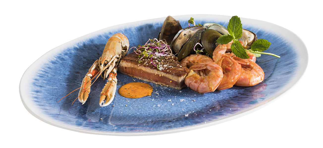 Tablett BLUE OECEAN, Melamin, 48 x 35,5 cm, H: 3 cm, innen: Dekor, blau außen: weiss