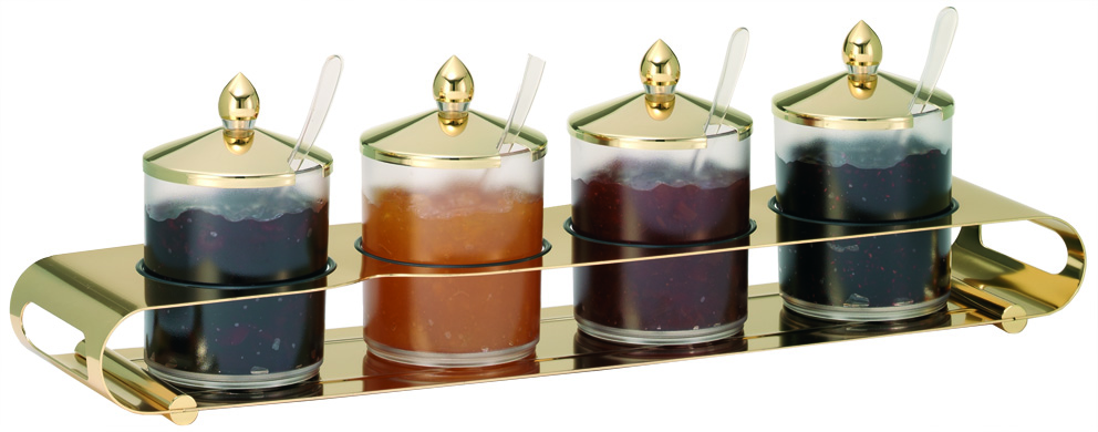 ELEGANCE Konfitürenbar Quadro 4 x 0,6 ltr., Gold, opaler Behälter, L: 140 mm, B: 600 mm, H: 180 mm