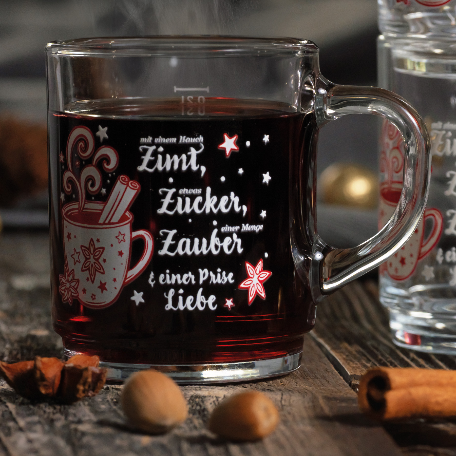 Tee-, Glühweinbecher Dekor stpb. 25 cl m. Füllstrich 0.2 ltr. |-|, Inhalt: 250 ml, H: 89 mm, D: 72 mm