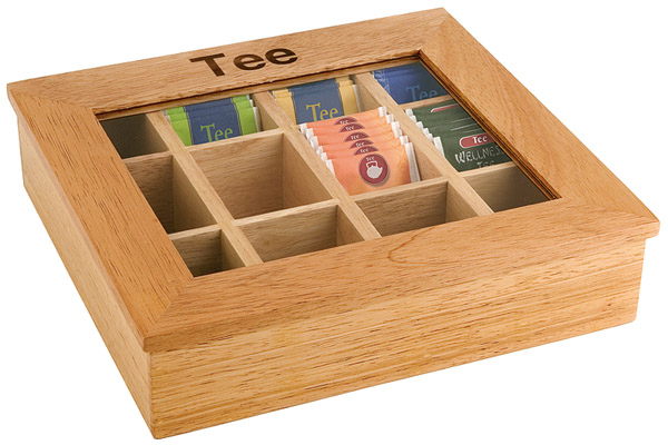 Teebox mit 12 Kammern 31 x 28 cm, H: 9 cm, helle Holzbox, mit Sichtfenster