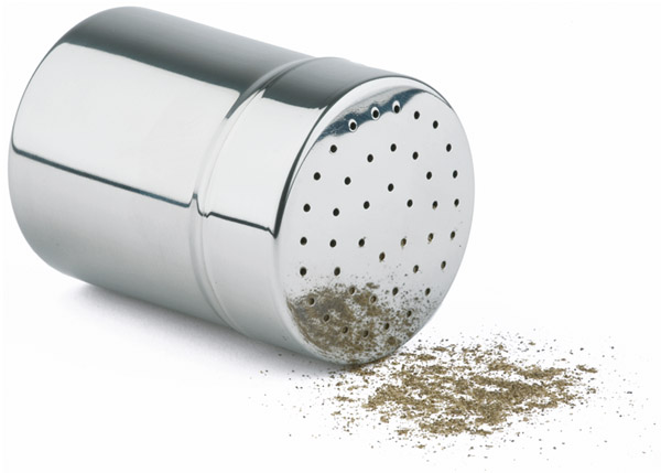 Streuer fein D: 5,5 cm, H: 7,5 cm, Behälter aus Edelstahl, Löcher D: 1 mm, inkl. Staubdeckel, 0,15 ltr.