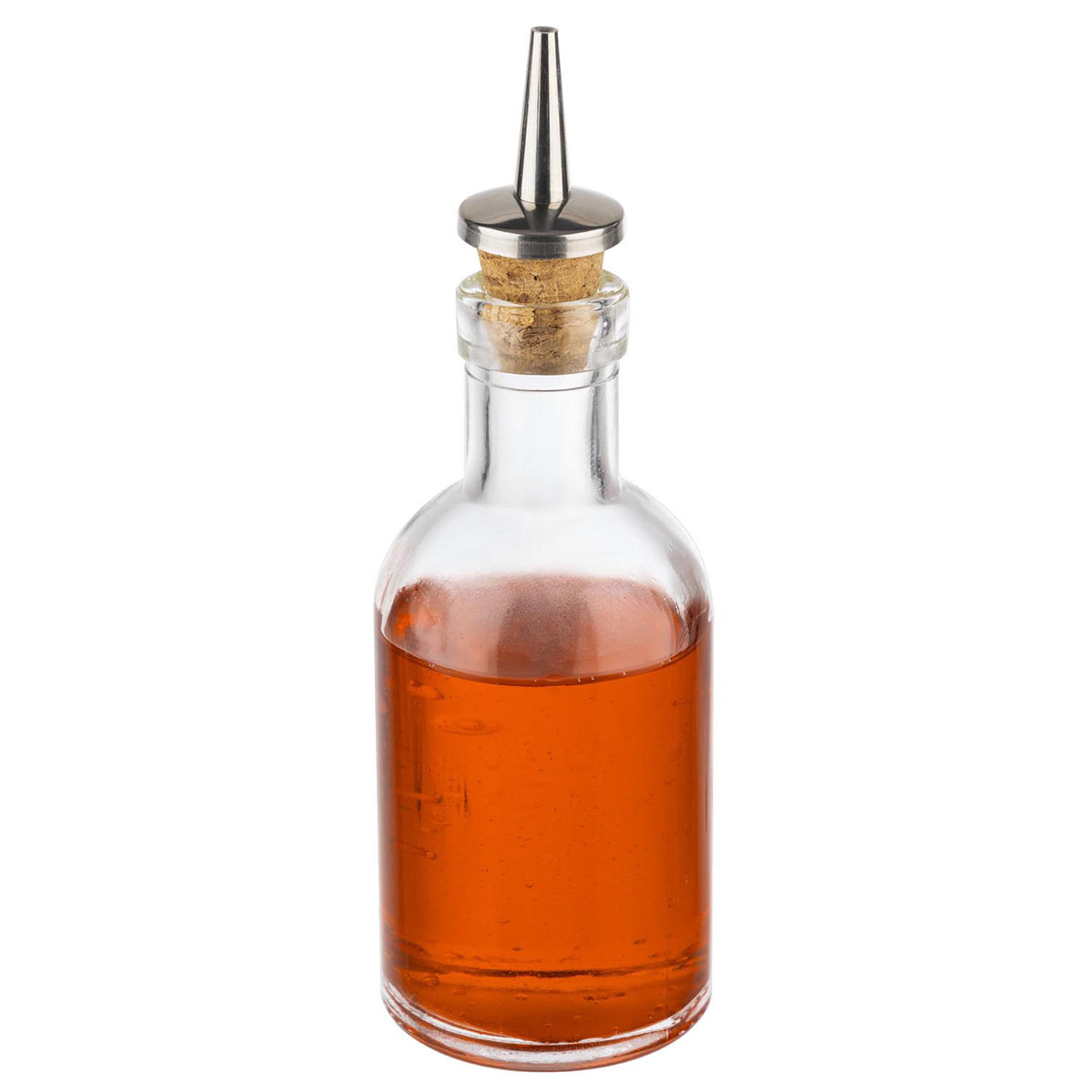 Essig-, Oelflasche, Glasbehaelter, Ausgiesser aus Kork, Edelstahl, D: 5 cm, H: 15,5 cm, I: 100 ml