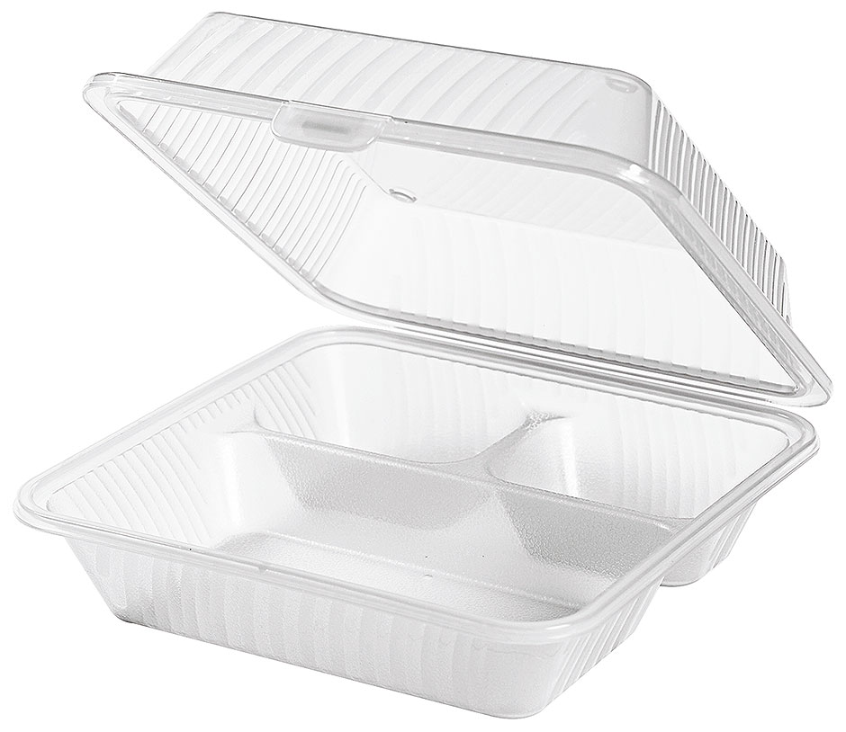 Eco-Takeout : Mehrweg- Behälter, hoher Deckel, 3 Fächer, weiss, 23 x 23,5 x 9 cm