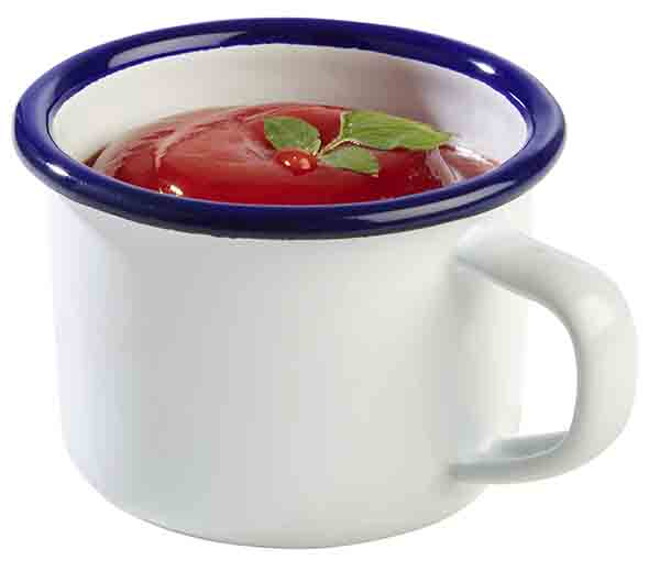 Henkelbecher, Emaille-Geschirr, D: 7 cm, H: 5 cm, 0,1 ltr., weisses Stahlblech, blauer Rand