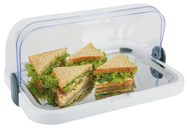 Buffetvitrine, 44 x 32 cm, H: 20,5 cm, 1 Edelstahl-Tabletts, 1 Rollhaube, weiss