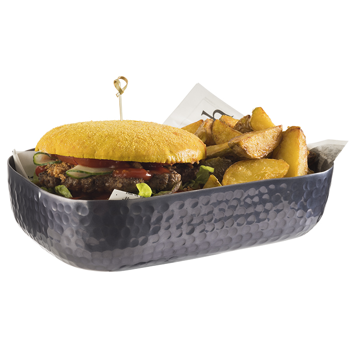 Schale, 23 x 15,5 cm, H: 6 cm, Aluminium, Gunmetal-Look, gehämmerte Oberfäche