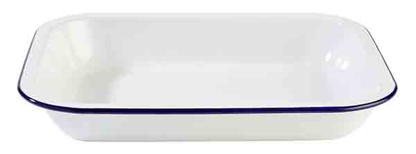 Schale, Emaille-Geschirr, 28 x 23 cm, H: 4,5 cm, weisses Stahlblech, blauer Rand