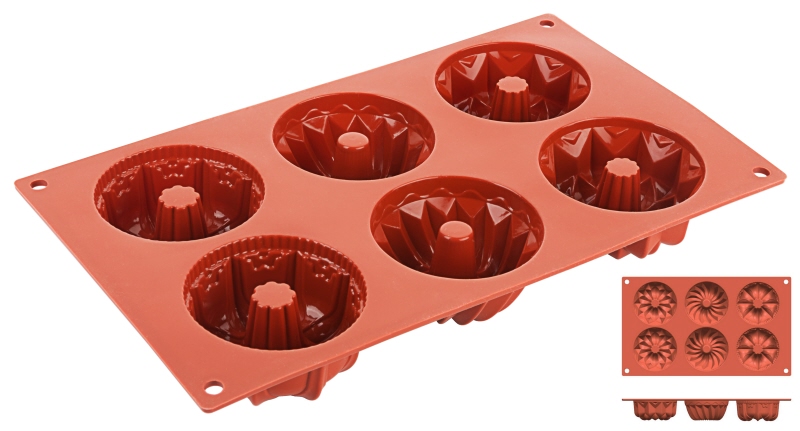 Silikon-Backmatte Gugelhupf, 6 Formen, D: 7,4 cm, H: 3,8 cm