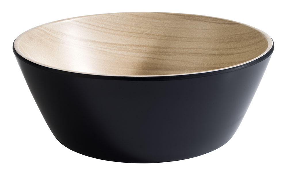 Schale FRIDA, Melamin, D: 20 cm, H: 7,5 cm, I: 1,2 ltr., innen: Holzoptik, außen: schwarz