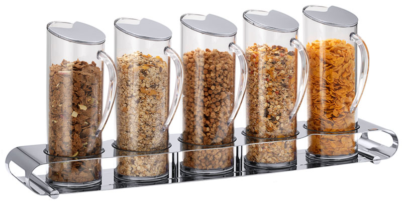 UNISON Müsliflöte Quintet, 5 x 1,5 ltr. SAN Behälter, polierter Edelstahl, L: 140 mm, B: 725 mm, H: 290 mm