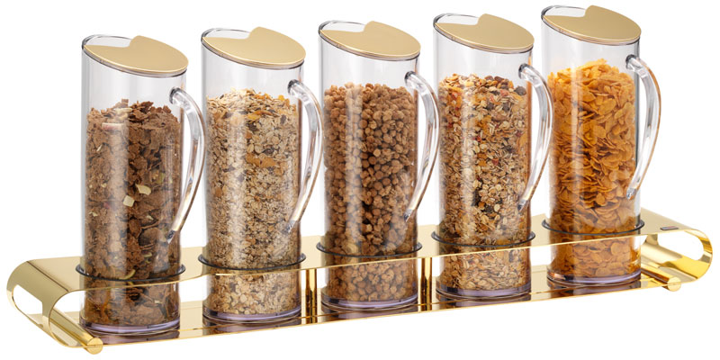 UNISON GOLD Müsliflöte Quintet, 5 x 1,5 ltr. SAN Behälter, vergoldeter Edelstahl, L: 140 mm, B: 725 mm, H: 290 mm