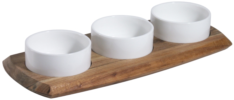 Dip Set, Akazienholz, mit drei Dipschälchen aus Porzellan, 34 x 14,5 cm