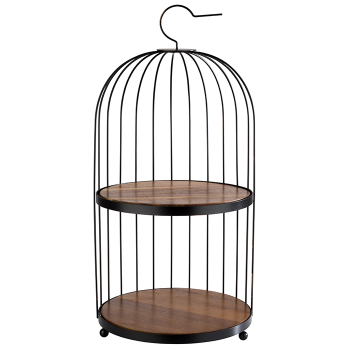 Buffetgestell BIRDCAGE, D: 26 cm, H: 54 cm, Metall, schwarz, 2 Platten aus Akazienholz