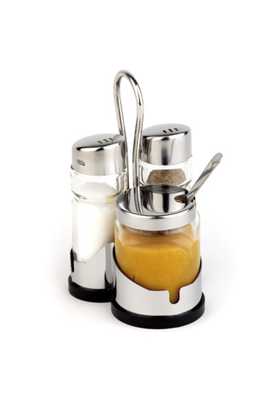Menage ECONOMIC, 3-teilig, 8 x 8 cm, H: 12 cm, Edelstahl, Glas, ABS, Senf-Töpfchen Löffel