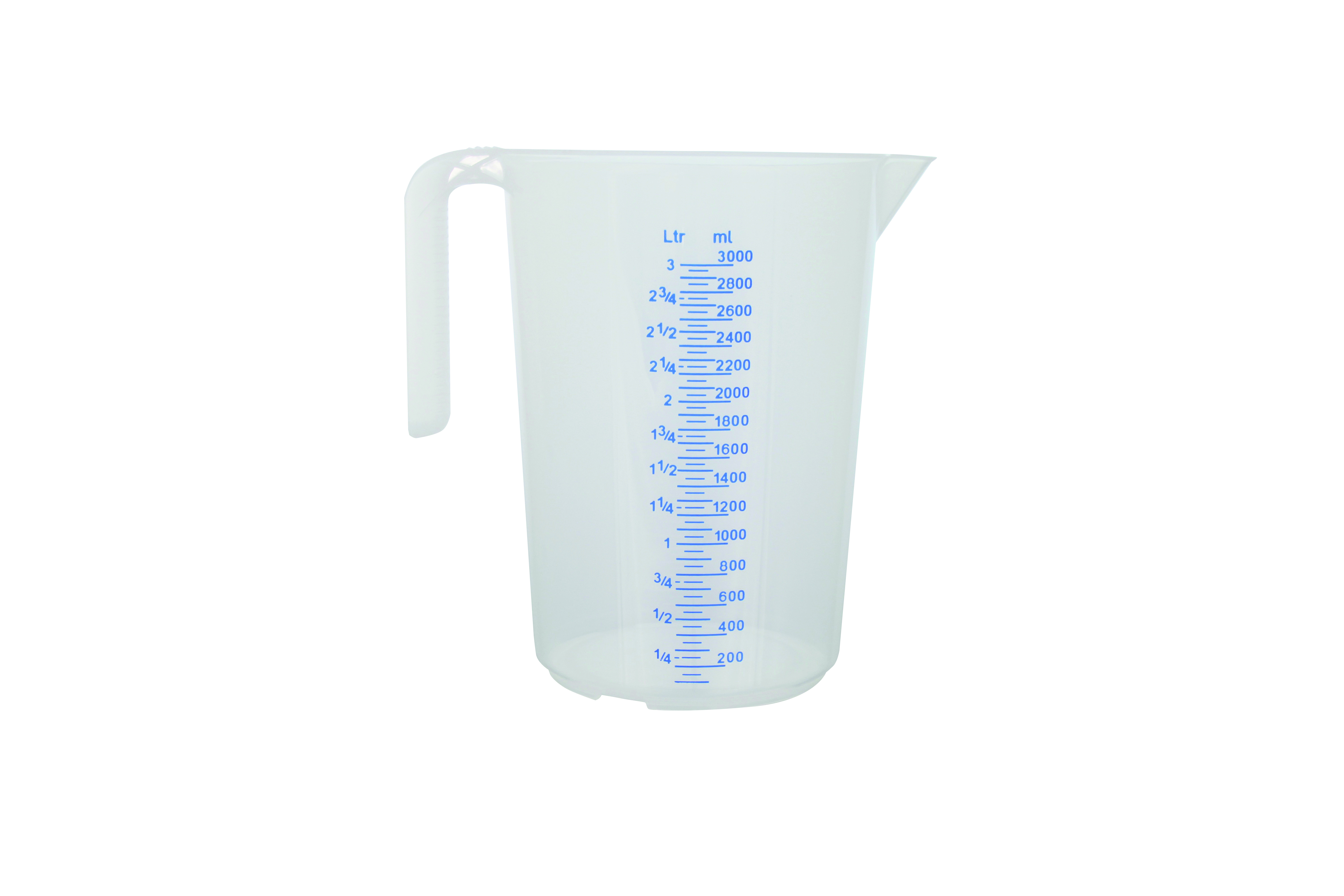Messbecher, 3,0 ltr., geprägte Skala, blaue Schrift, offener Griff