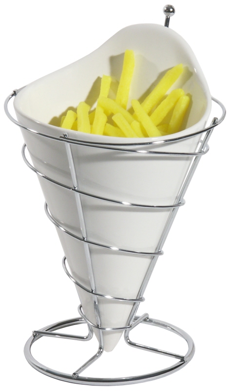 Pommes frites-Tütenhalter, Porzellaneinsatz, Stahldraht, D: 12,5 cm, H: 22 cm