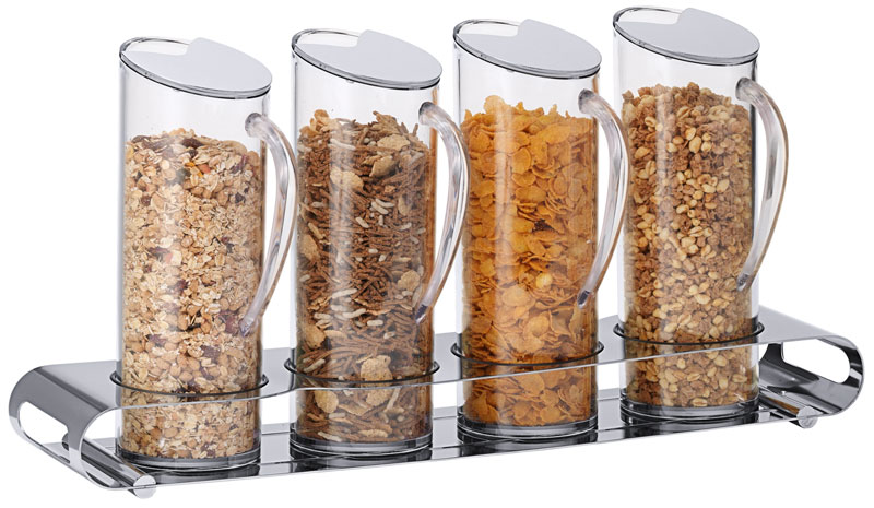 UNISON Müsliflöte Quadro, 4 x 1,5 ltr. SAN Behälter, polierter Edelstahl, L: 140 mm, B: 600 mm, H: 290 mm