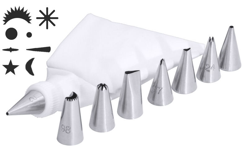 Spritztüllensatz, klein, 8 Tüllenund Spritzbeutel, EdSt., D: 1,6 cm, H: 3 cm