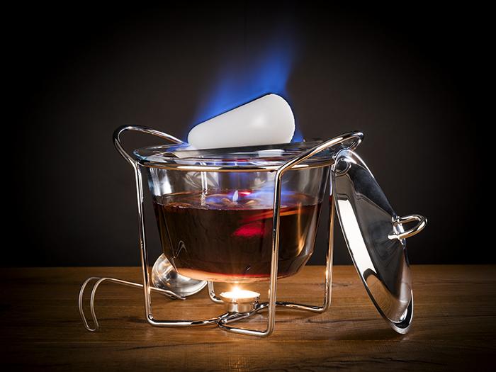 Servierschale mit Stövchen FEUERZANGENBOWLE D: 23 cm, H: 26 cm, I: 4 ltr., Stövchen Metall verchromt, Deckel Edelstahl poliert