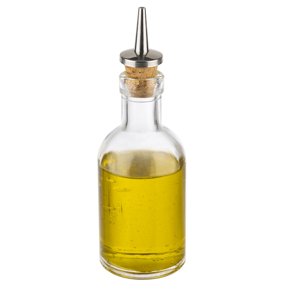 Essig-, Oelflasche, Glasbehaelter, Ausgiesser aus Kork, Edelstahl, D: 5 cm, H: 15,5 cm, I: 100 ml