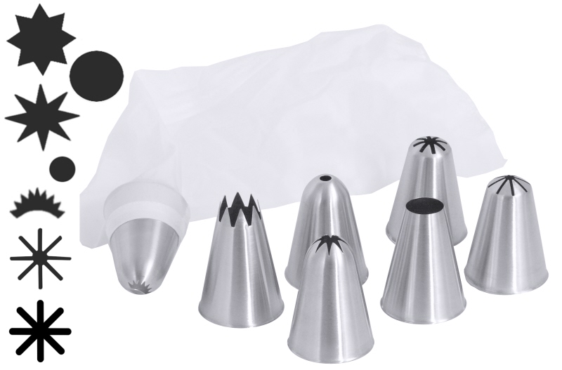 Spritztüllen-Set mit 7 Tüllen und Spritzbeutel, EdSt., D: 3,5 cm, H: 5 cm