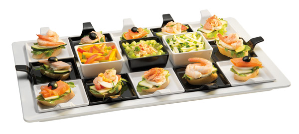 FingerfoodTeller FLYING BUFFET 9,5 x 9,5 cm, H: 1,5 / 3,5 cm, Melamin, weiss