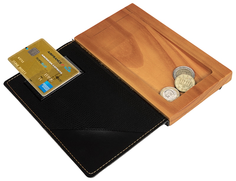 Rechnungsmappe aus Holz, mit Lederdeckel, 18 x 10 x 1,8 cm