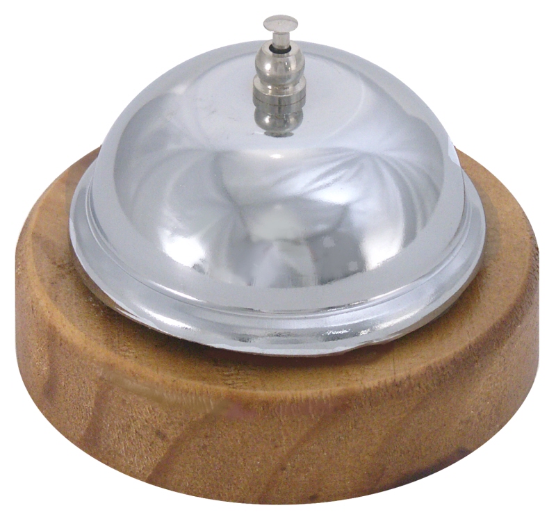 Rezeptionsklingel auf Holzfuß, verchromt, D: 9 cm, H: 6,5 cm