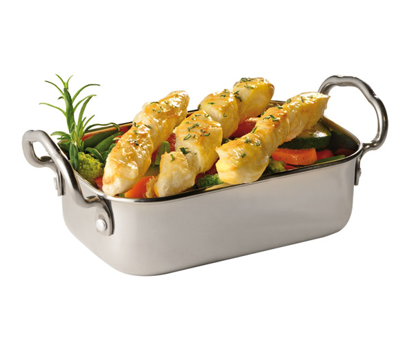 Mini-Servierpfanne SNACKHOLDER 14,5 x 9,5 cm, H: 4,5 / 6,5 cm, Edelstahl, Griffe je 1,5 cm, 0,5 ltr.