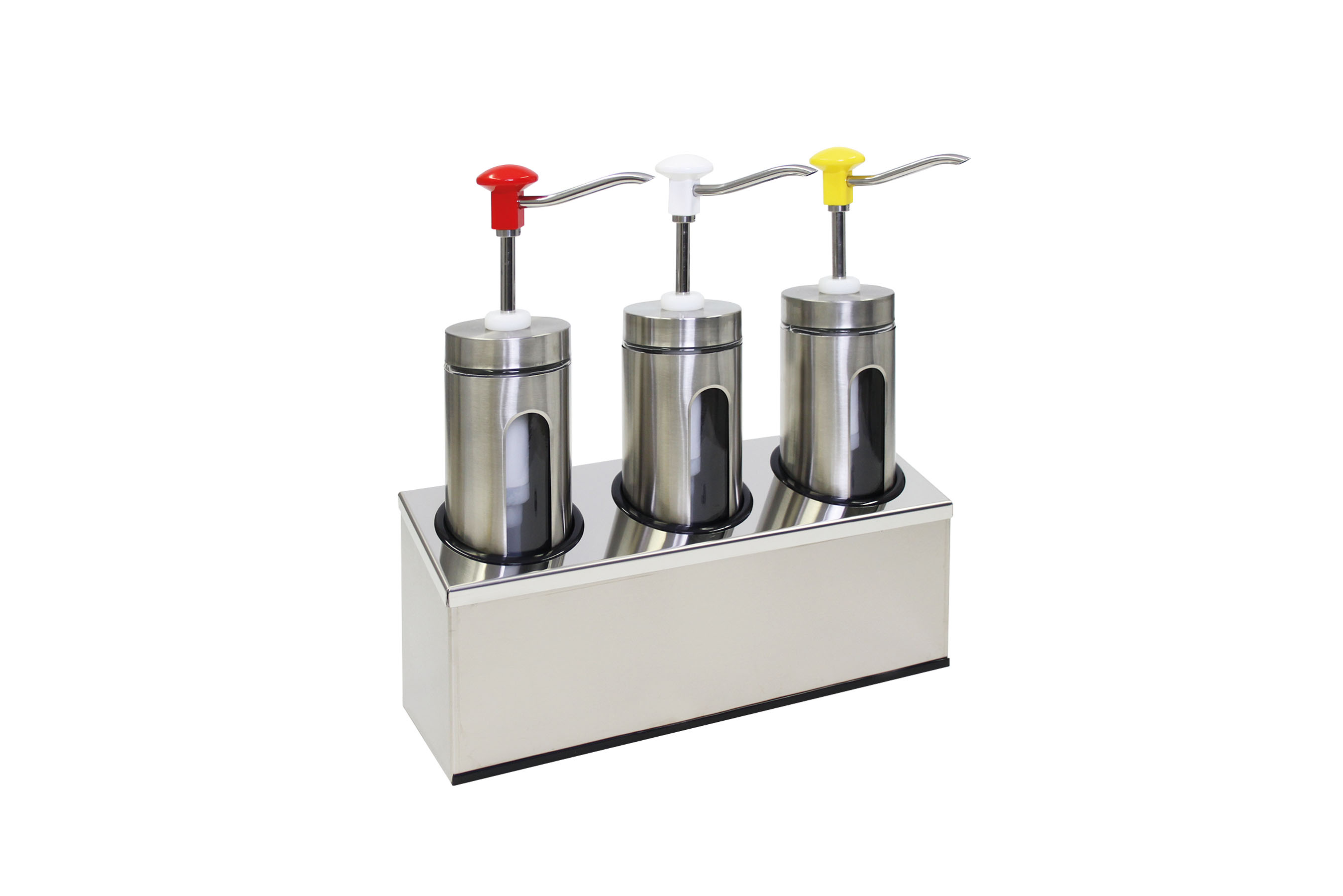 Dosierspender rund mit Sichtfenster, 3-fach weiss/ rot/ gelb, Inh. 3 x 2 ltr., 443 x 147 x 465 mm