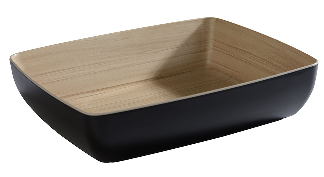 GN 1/2 Schale FRIDA 32,5 x 26,5 cm, H: 7,5 cm, 4 ltr., Melamin, außen: schwarz, innen: Holzoptik