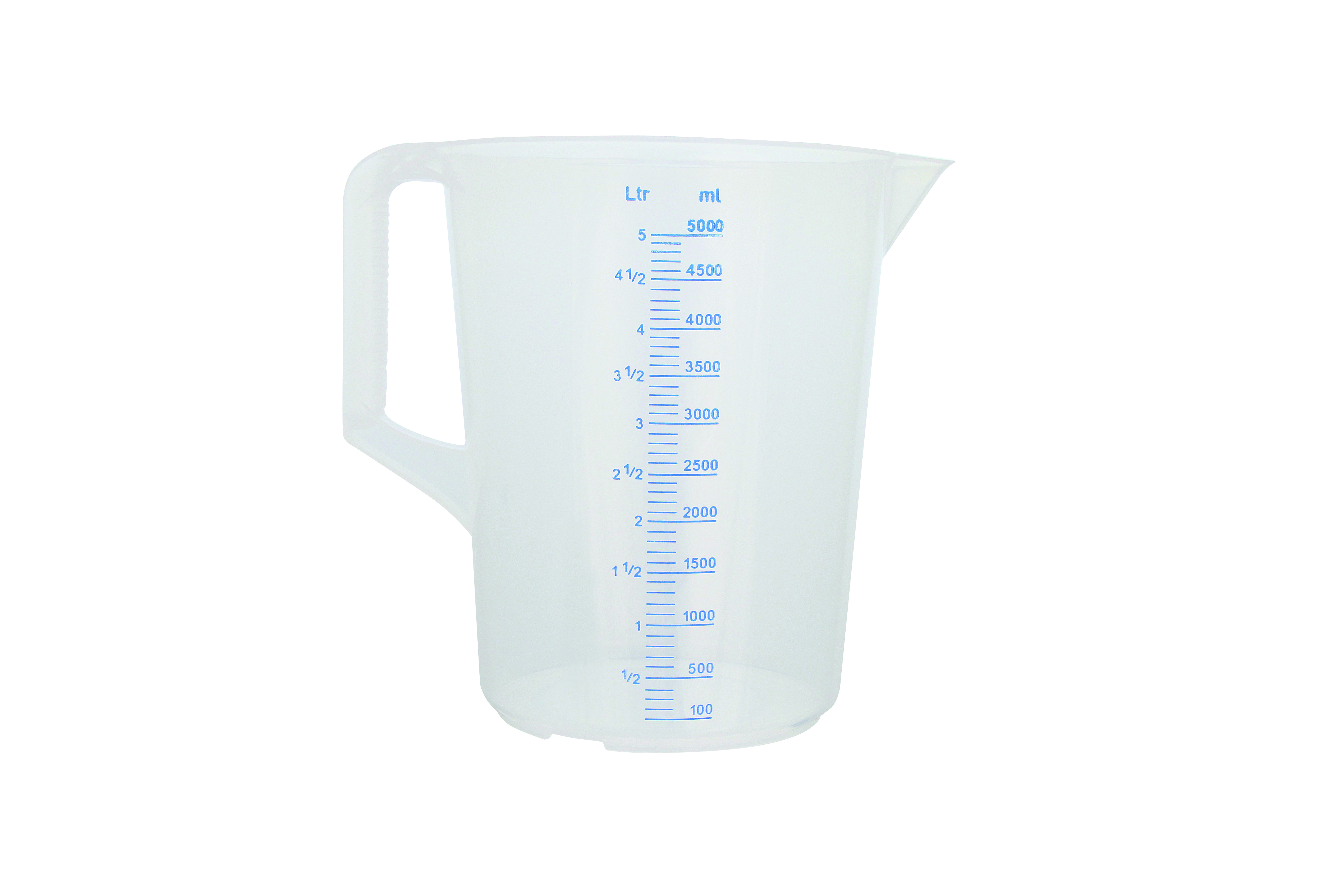 Messbecher, 5 ltr., geprägte Skala, blaue Schrift