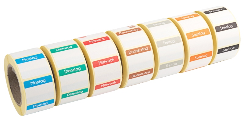 Nachfüllset Tagesetiketten, mit 7 Rollen a 500 Stück für alle Wochentage
