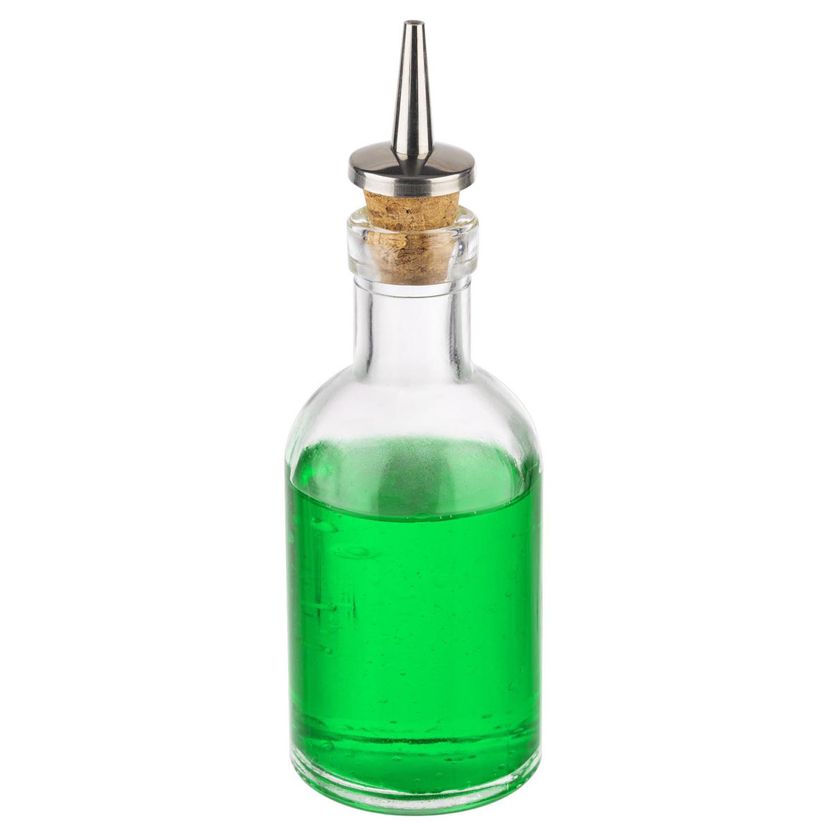 Essig-, Oelflasche, Glasbehaelter, Ausgiesser aus Kork, Edelstahl, D: 5 cm, H: 15,5 cm, I: 100 ml