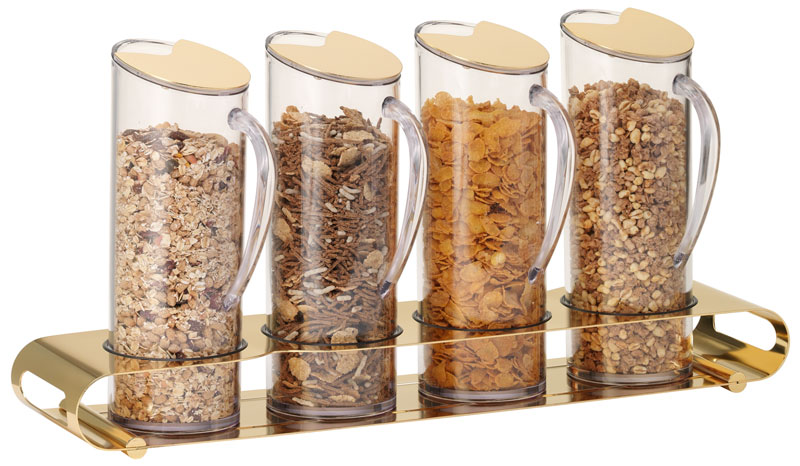 UNISON GOLD Müsliflöte Quadro, 4 x 1,5 ltr. SAN Behälter, vergoldeter Edelstahl, L: 140 mm, B: 600 mm, H: 290 mm