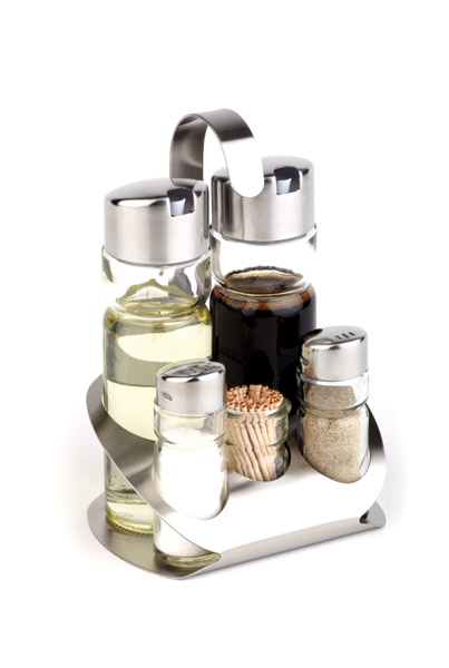 Menage PRO, 13 x 11 cm, H: 19 cm, 5-teilig, Edelstahl mattiert, Glas, PP, Pfeffer/Salz